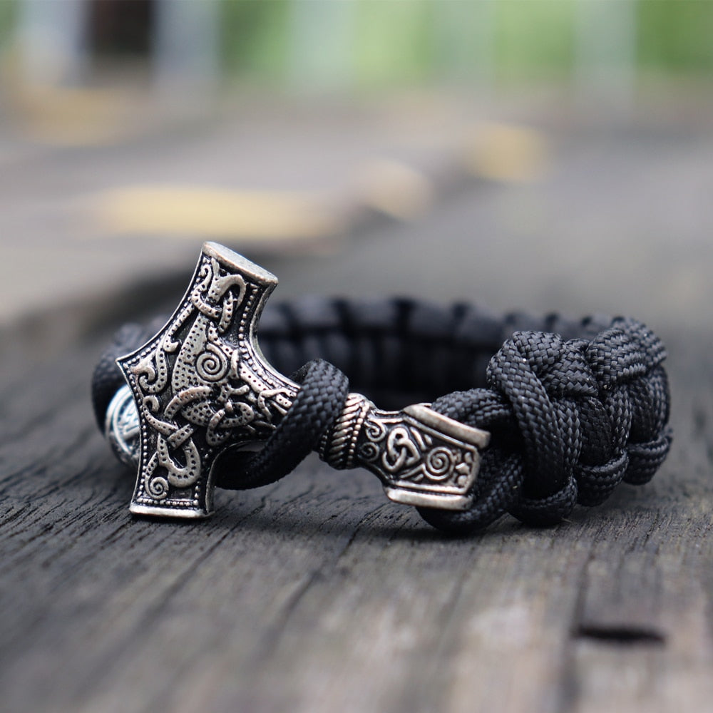 Mens Viking Mjolnir Leather Bracelet