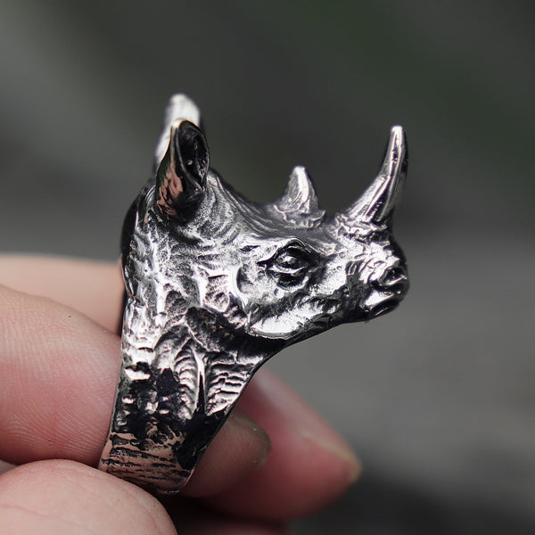 Detailed Rhinoceros Head Biker Ring Men‘s Punk Stainless Steel Rings