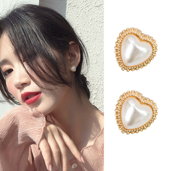 Pendientes de clip con perlas de temperamento coreano, sin perforaciones, lindos pendientes en forma de corazón