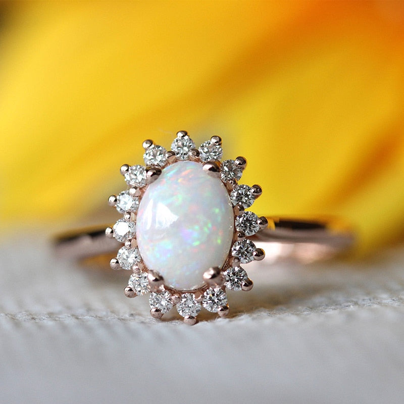 Rings For Women Egg-Shaped Opal & CZ  Rose Gold Color  Wedding Engagement Ring