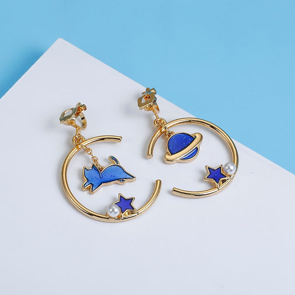 Pendientes de clip con diseño de gato, estrella, planeta y azul rosa, sin perforar, para mujer