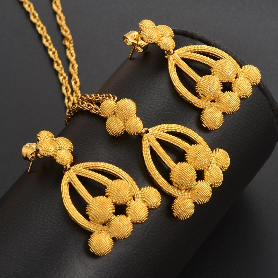 Gold Color Ethiopian Pendant Necklaces Earrings Jewelry Sets