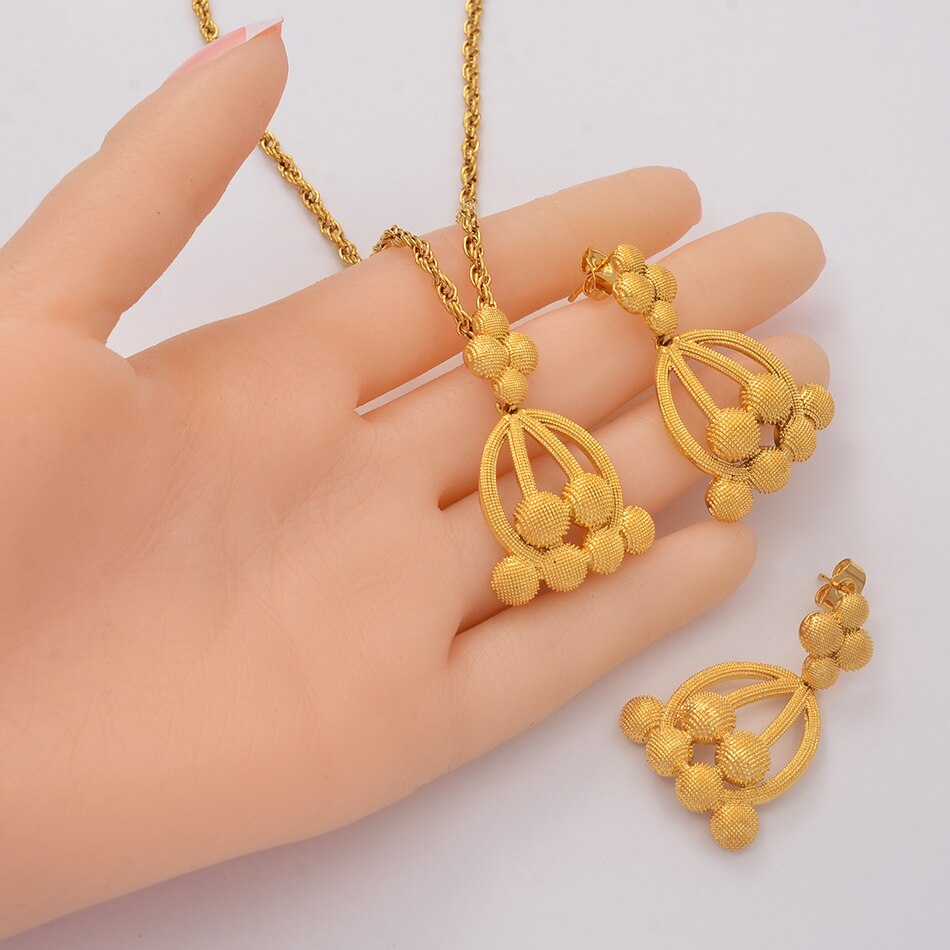 Gold Color Ethiopian Pendant Necklaces Earrings Jewelry Sets