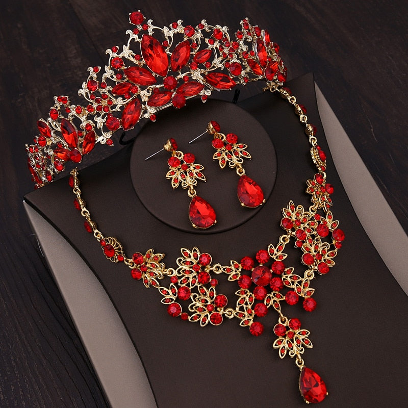 Baroque Gold Color Bridal Rhinestone Crown Jewelry Sets