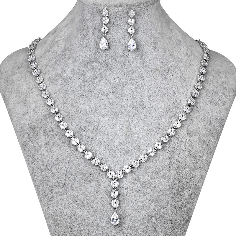 Long Drop Cubic Zirconia CZ Crystal Necklace and Earring Wedding Jewelry Sets