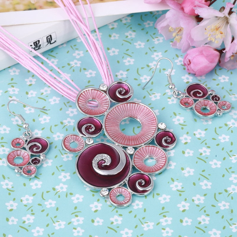 Multilayers Leather Pendant Necklaces Earrings Wedding Sets