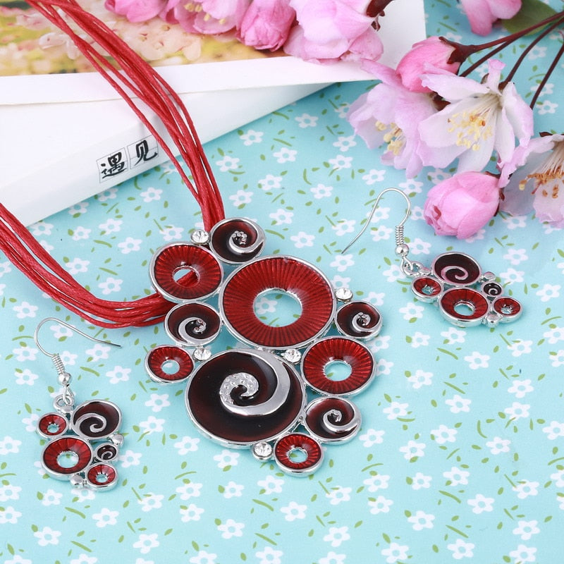 Multilayers Leather Pendant Necklaces Earrings Wedding Sets