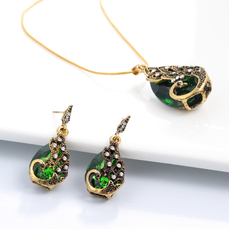 Vintage Waterdrop Rhinestone Pendant Necklace Earrings Crystal Jewelry Set