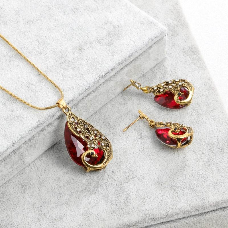 Vintage Waterdrop Rhinestone Pendant Necklace Earrings Crystal Jewelry Set