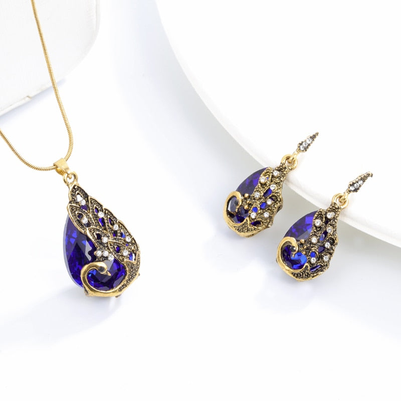 Vintage Waterdrop Rhinestone Pendant Necklace Earrings Crystal Jewelry Set