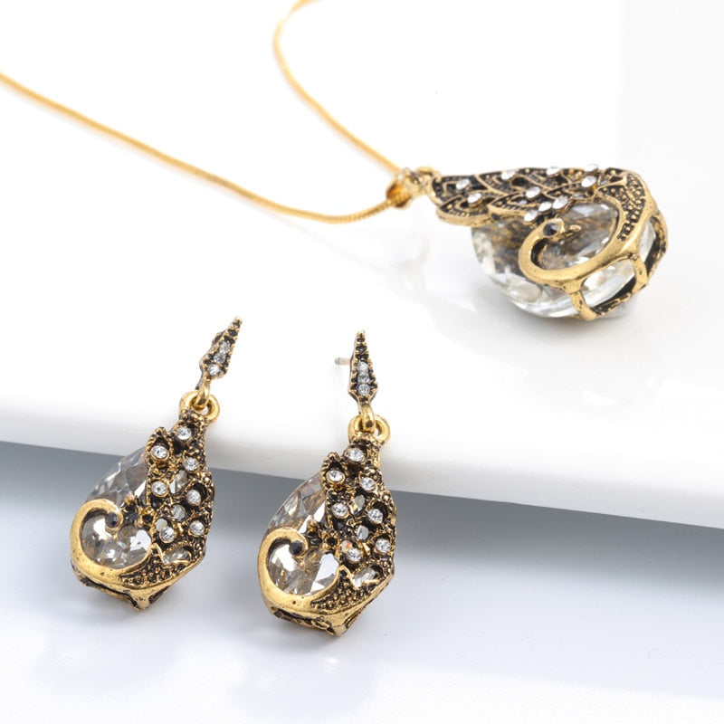 Vintage Waterdrop Rhinestone Pendant Necklace Earrings Crystal Jewelry Set