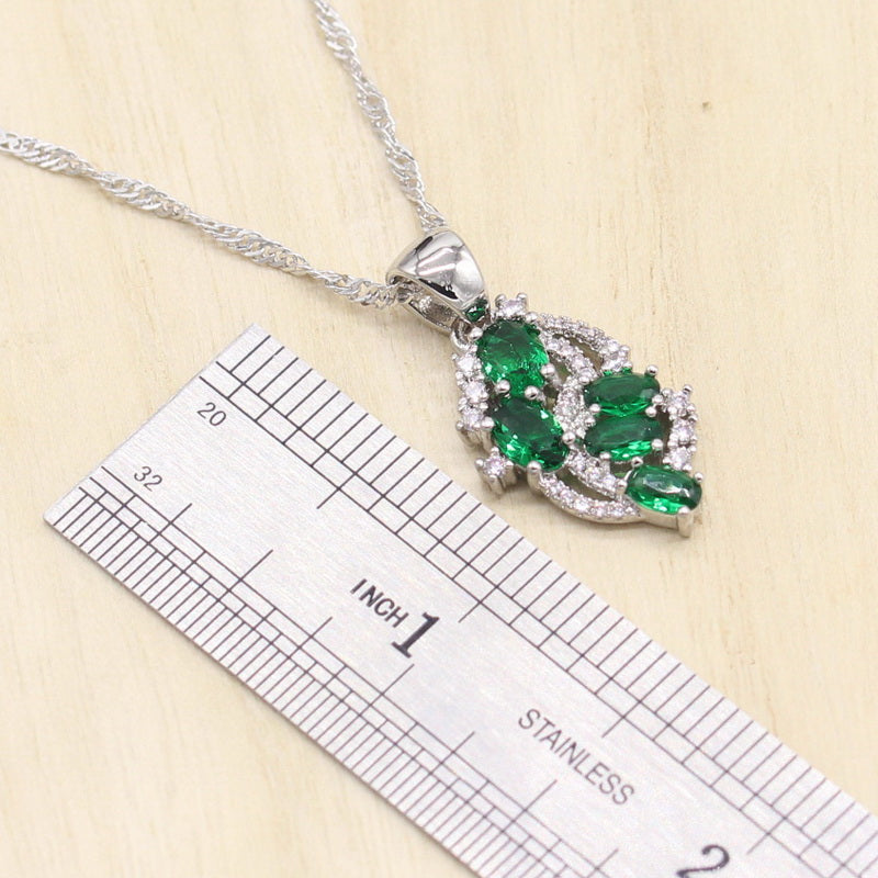 Green Semi-precious Women Silver Color Wedding Jewelry Sets