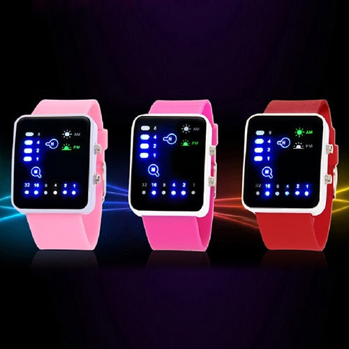 Binary Number Blue LED Wristwatches Silicone Band Quartz Wrist Watch