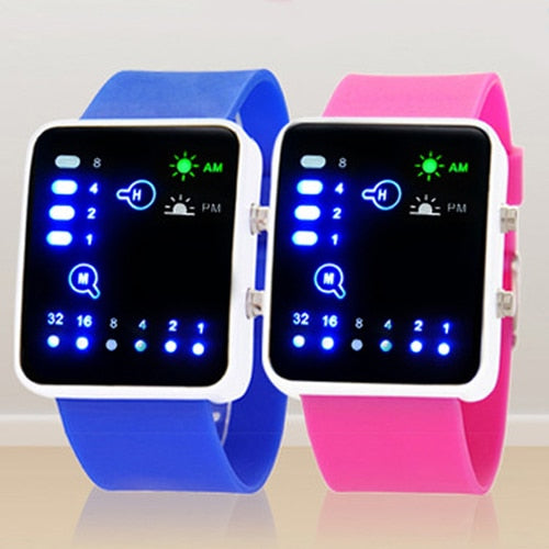 Binary Number Blue LED Wristwatches Silicone Band Quartz Wrist Watch