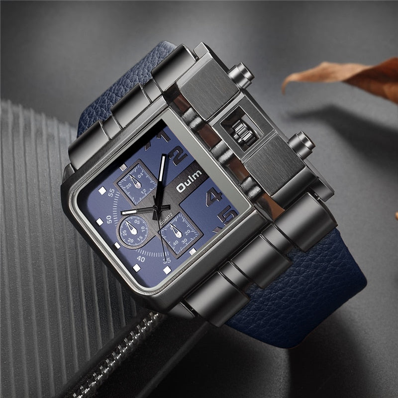 Square Men Wristwatch Wide Big Dial Casual Leather Strap Quartz Watch