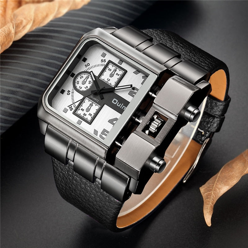 Square Men Wristwatch Wide Big Dial Casual Leather Strap Quartz Watch