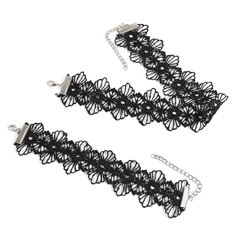Black White Lace Flower Choker Necklace Bracelet Punk Gothic Jewelry Set