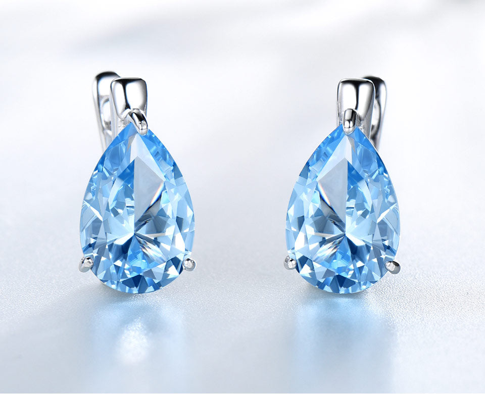 Luxury Nano Gemstone Blue Topaz Clip Earrings