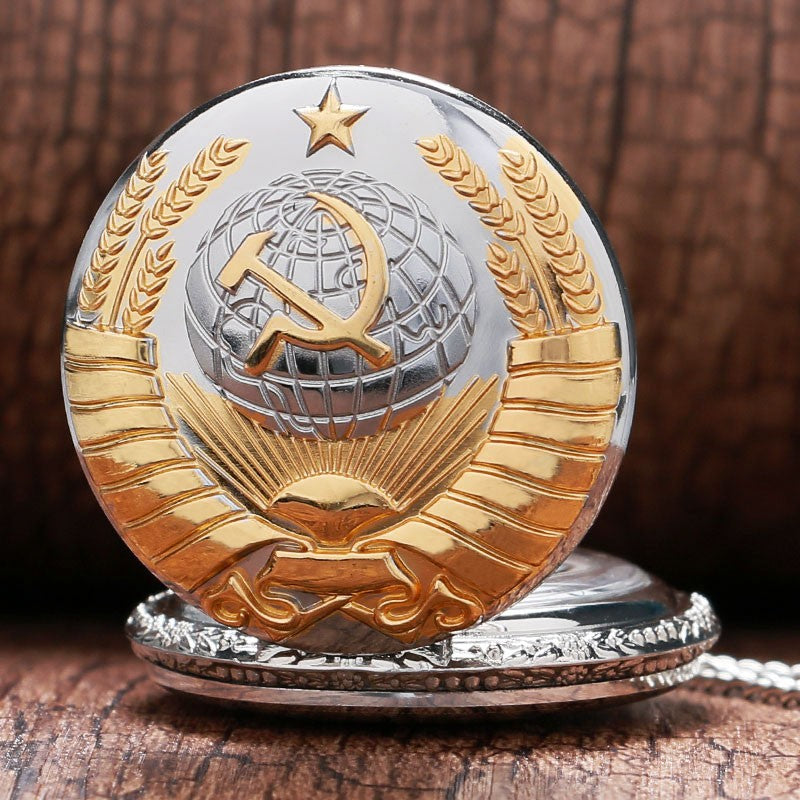 Fashion Silver & Golden Soviet Sickle Hammer Style Quartz Pocket Watch