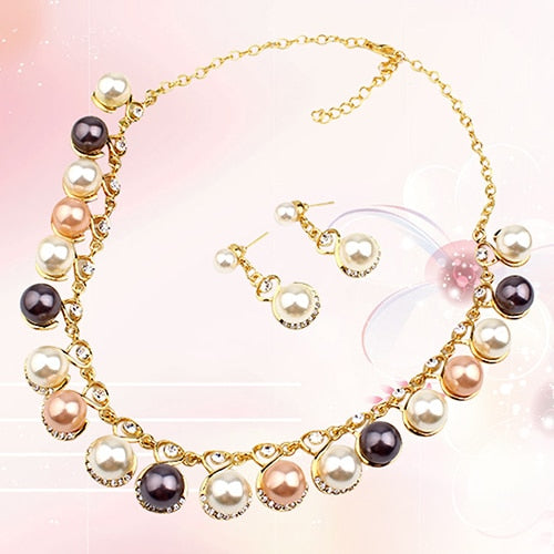 Faux Pearls Rhinestone Chain Necklace Earrings Jewelry Set