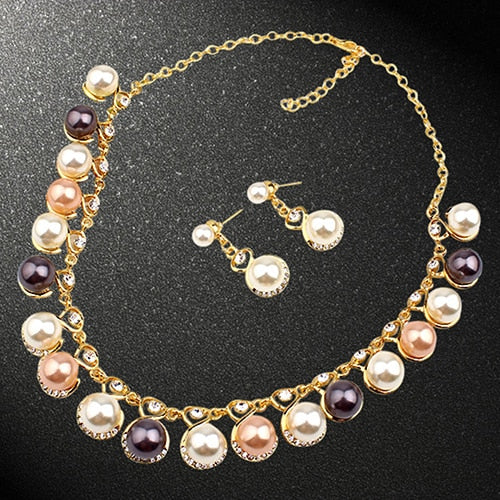 Faux Pearls Rhinestone Chain Necklace Earrings Jewelry Set