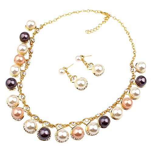 Faux Pearls Rhinestone Chain Necklace Earrings Jewelry Set