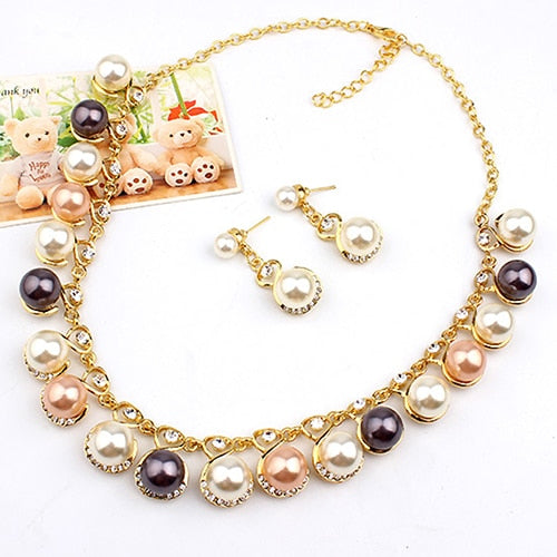 Faux Pearls Rhinestone Chain Necklace Earrings Jewelry Set
