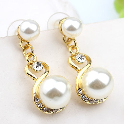 Faux Pearls Rhinestone Chain Necklace Earrings Jewelry Set