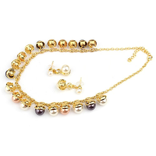 Faux Pearls Rhinestone Chain Necklace Earrings Jewelry Set