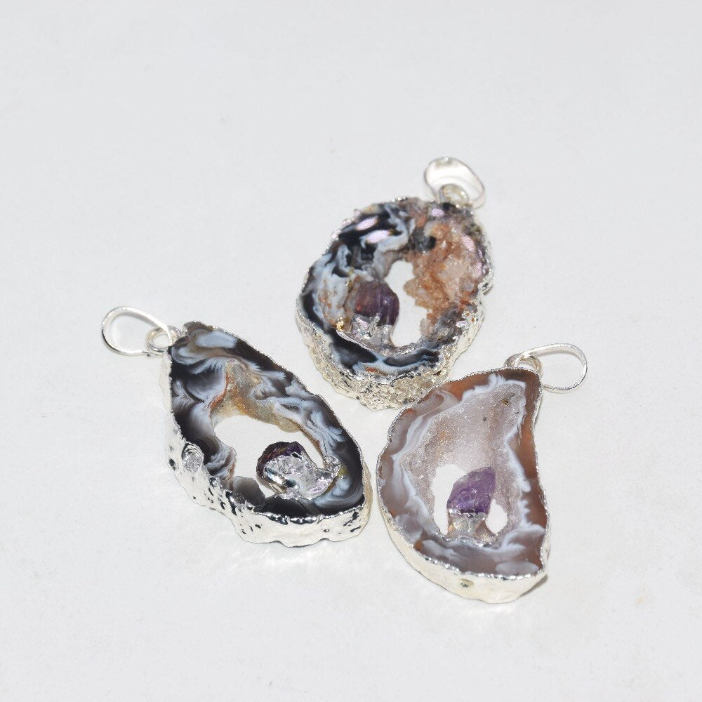 Silver Plated Natural geode druzy necklaces pendant 1pcs