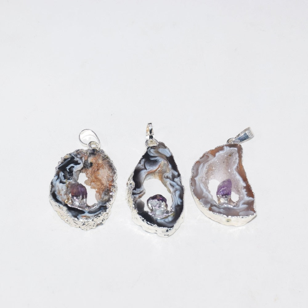 Silver Plated Natural geode druzy necklaces pendant 1pcs