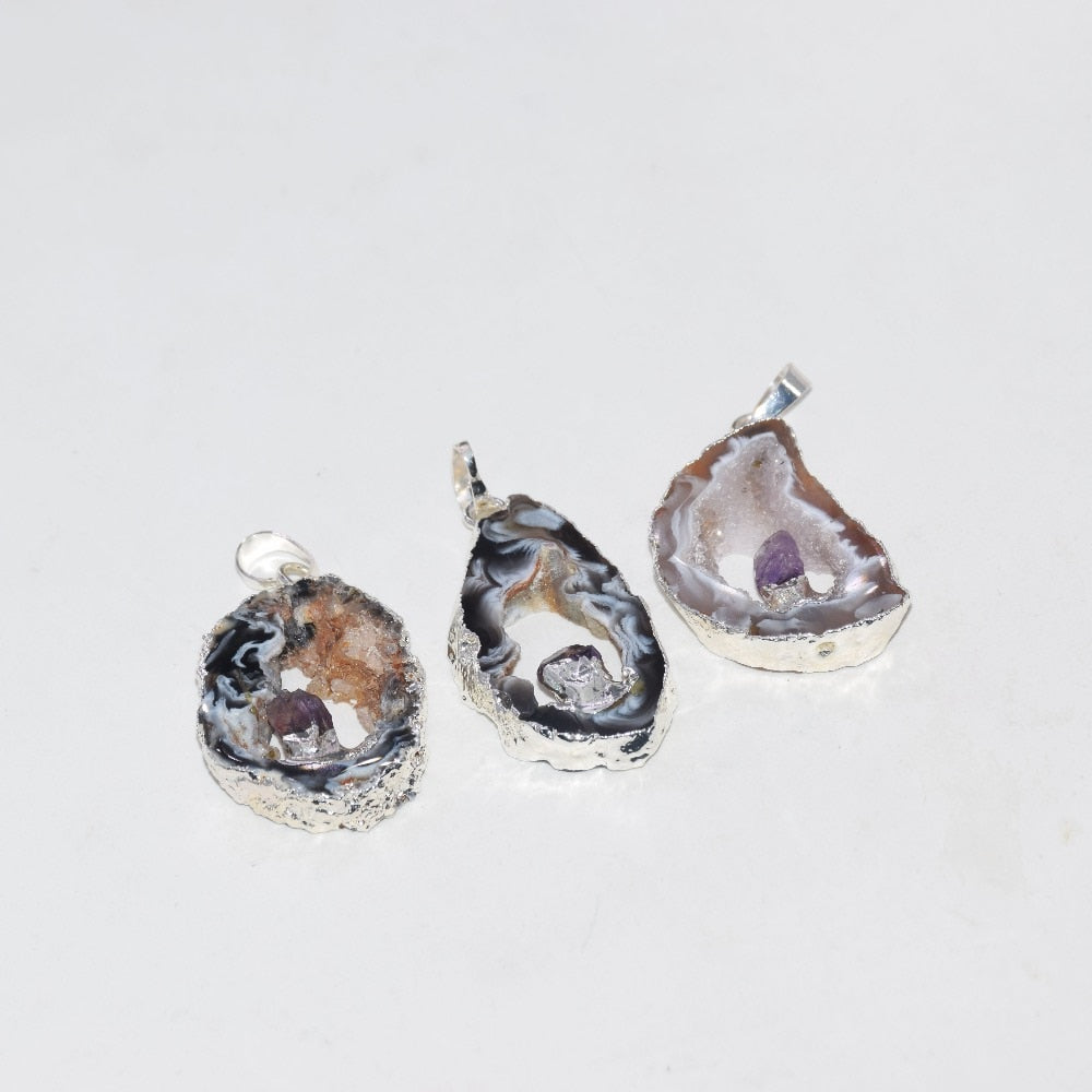 Silver Plated Natural geode druzy necklaces pendant 1pcs