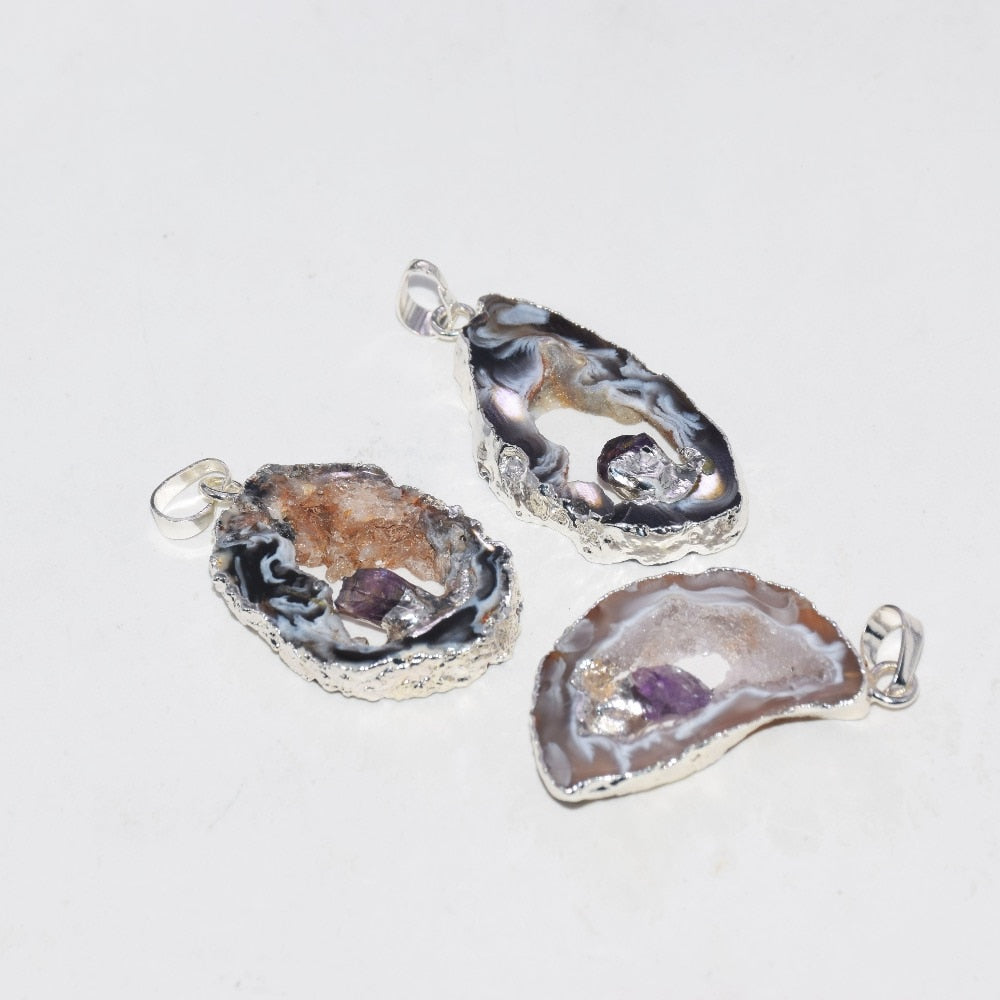 Silver Plated Natural geode druzy necklaces pendant 1pcs