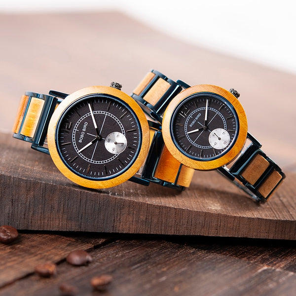 Reloj de pulsera de cuarzo de madera para hombre y mujer en caja de regalo.