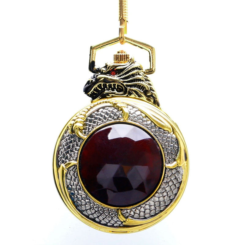 Vintage Gold Red Crystal Retro Red Garnet Inset  Luxury Necklace Pocket Watch