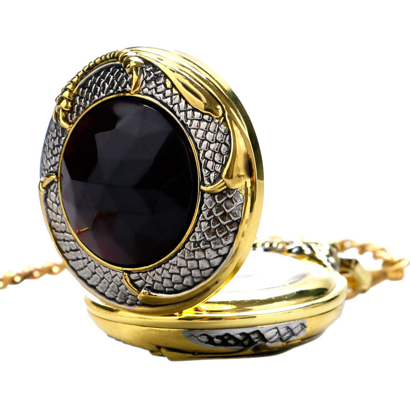 Vintage Gold Red Crystal Retro Red Garnet Inset  Luxury Necklace Pocket Watch