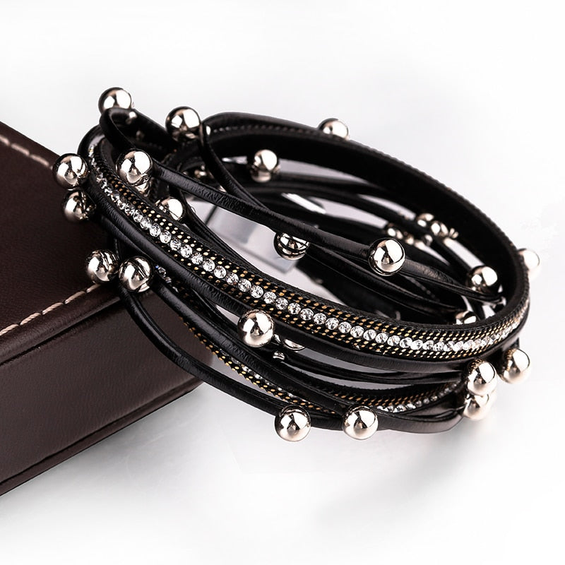 Metal Beads Charm Leather Bracelets for Women