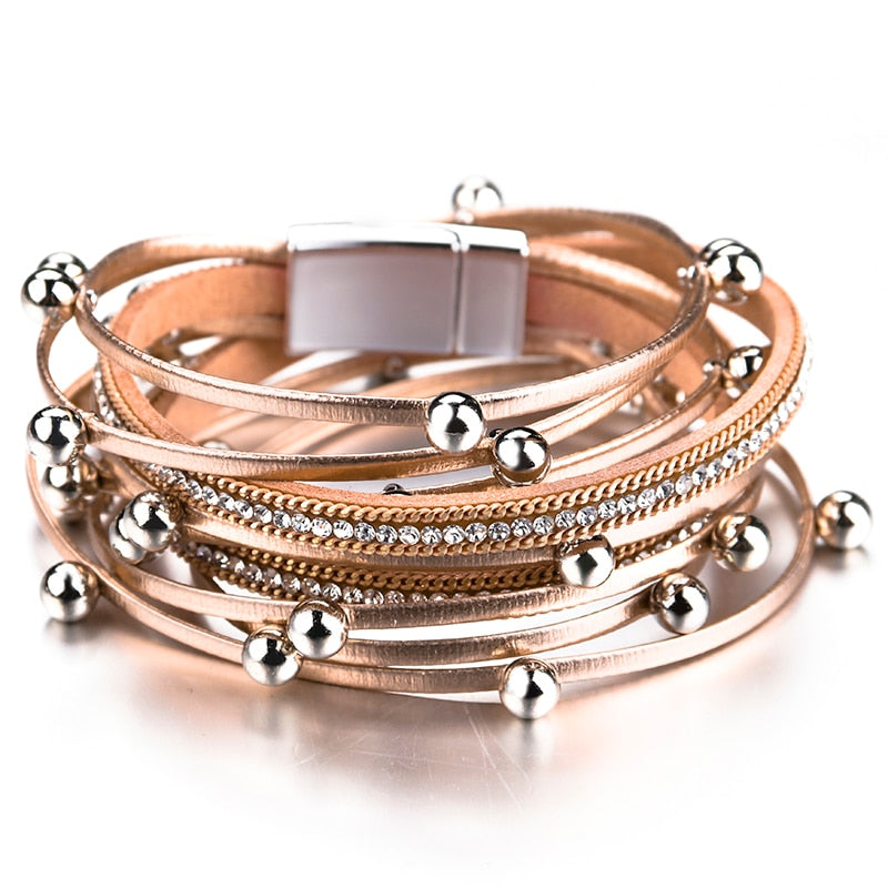 Metal Beads Charm Leather Bracelets for Women