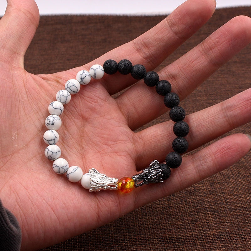 Natural Black Lava & White  Stone Beads Bracele