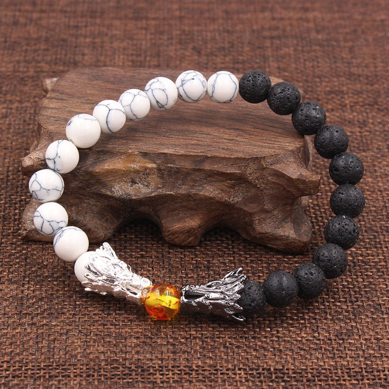 Natural Black Lava & White  Stone Beads Bracele