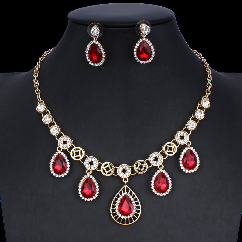 Red Crystal Gold Color Necklace Earrings Gifts Glamour Women