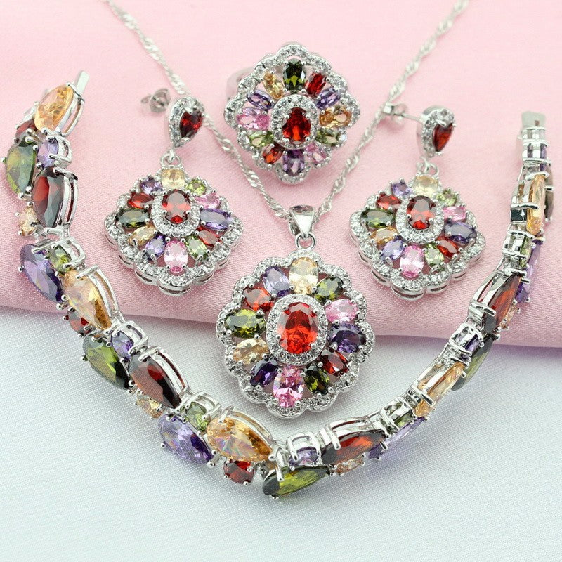 Fashion Mult-Color Stone Silver Color Jewelry Sets For Women