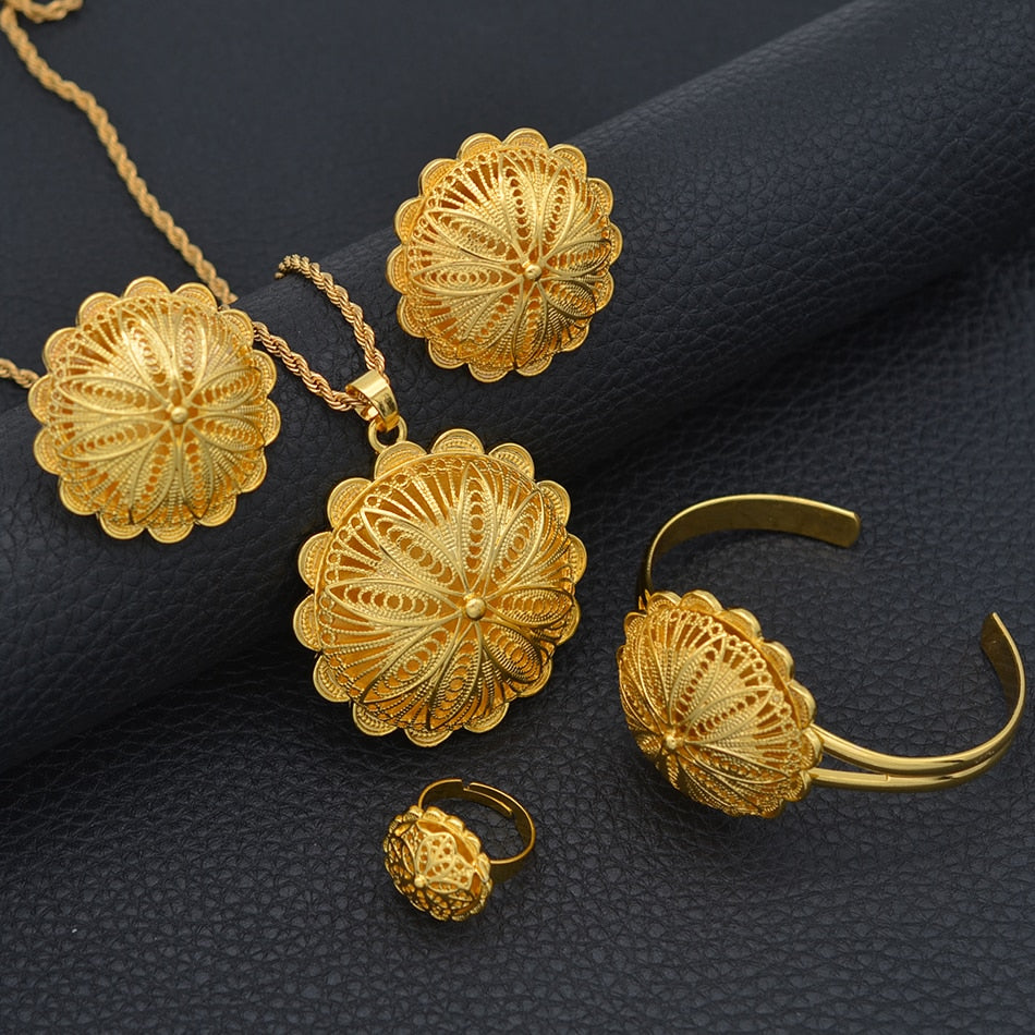 Gold Color Pendant Necklaces Earrings Ring Bangles Jewelry sets