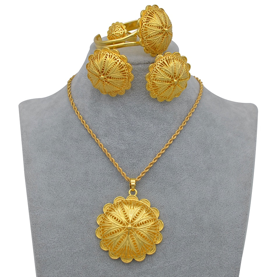 Gold Color Pendant Necklaces Earrings Ring Bangles Jewelry sets