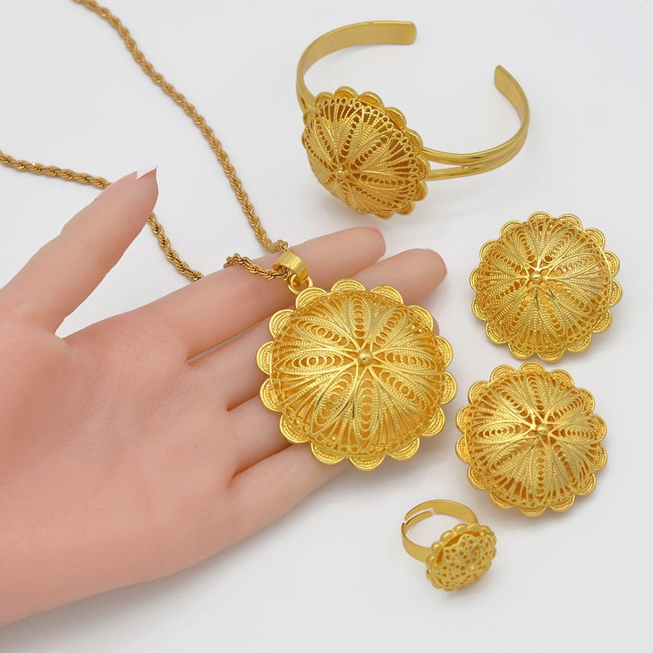 Gold Color Pendant Necklaces Earrings Ring Bangles Jewelry sets