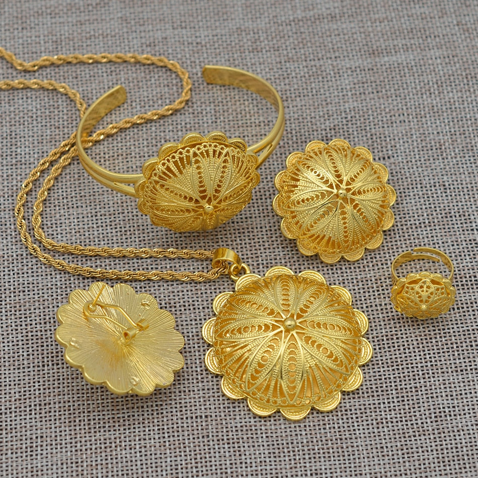 Gold Color Pendant Necklaces Earrings Ring Bangles Jewelry sets