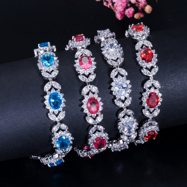 Pink Red Cubic Zirconia Crystal Oval Flower Charm Bracelet for Gift