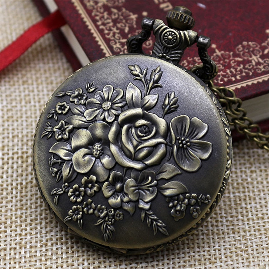 Retro Bronze Pendant  Blooming Flowers Quartz Pocket Watch
