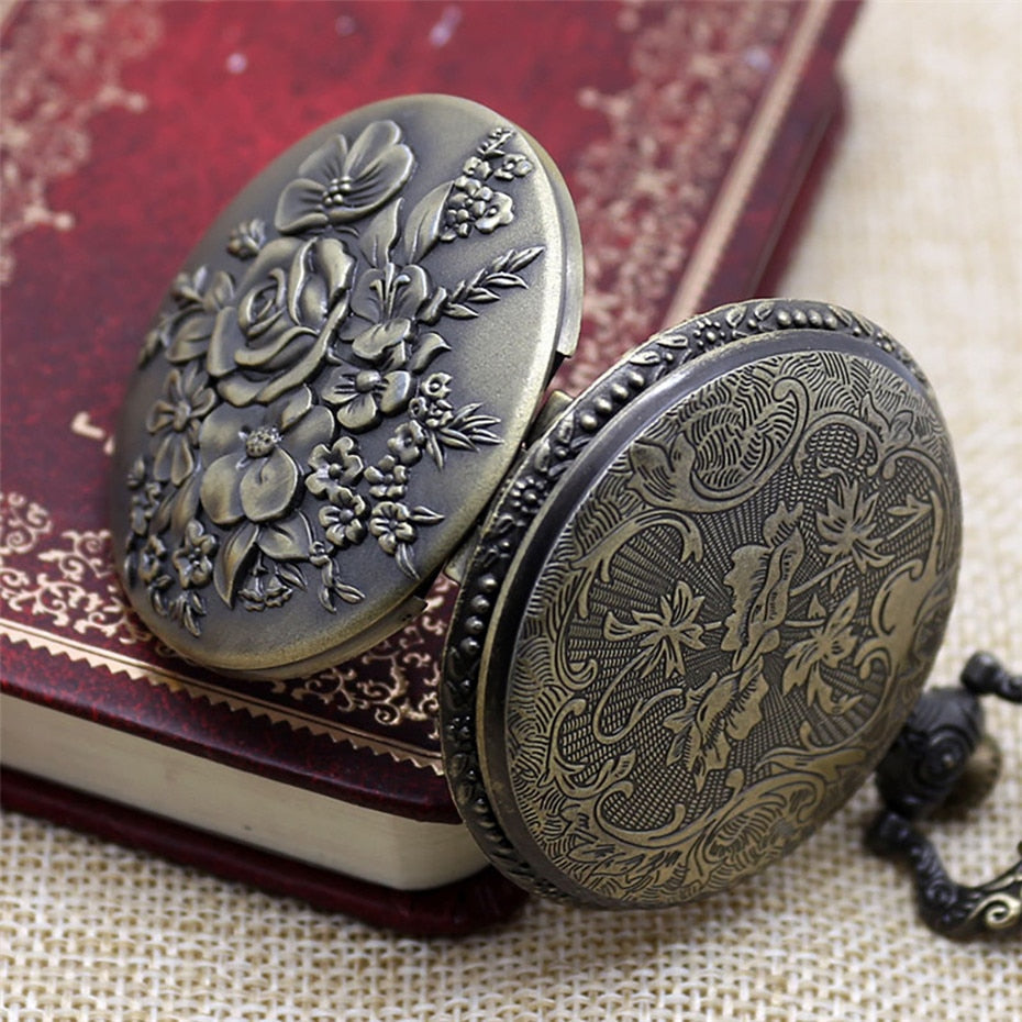 Retro Bronze Pendant  Blooming Flowers Quartz Pocket Watch