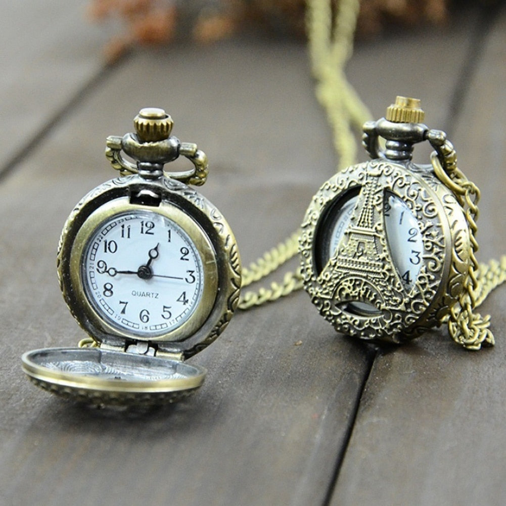 Vintage Steampunk Quartz Necklace Carving Pendant Chain Clock Pocket Watch
